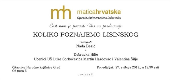 Ogranak Matice hrvatske: Predavanje o Vatroslavu Lisinskom