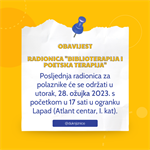 OBAVIJEST O RADIONICI "BIBLIOTERAPIJA I POETSKA TERAPIJA"