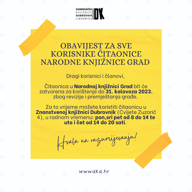 Čitaonica u Narodnoj knjižnici Grad zatvorena za korisnike do 31. kolovoza 2023.