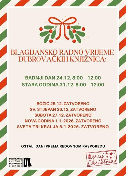 Blagdansko radno vrijeme Dubrovačkih knjižnica