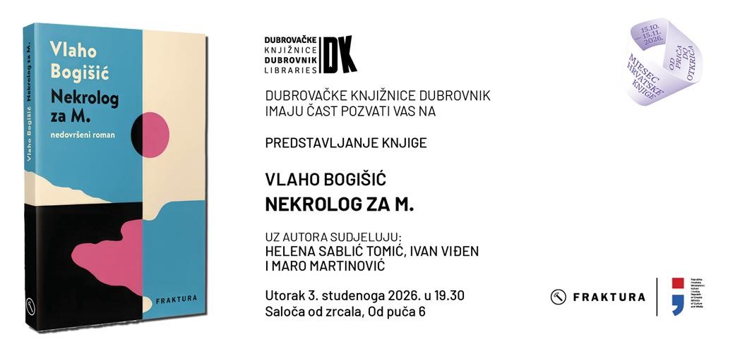 Vlaho Bogišić predstavlja roman „Nekrolog za M.” u Narodnoj knjižnici Grad